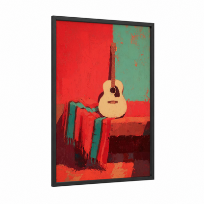 Crimson Guitar framed acoustic guitar print — black wood frame — red and teal palette