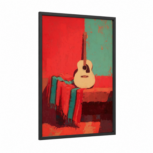 Crimson Guitar framed acoustic guitar print — black wood frame — red and teal palette