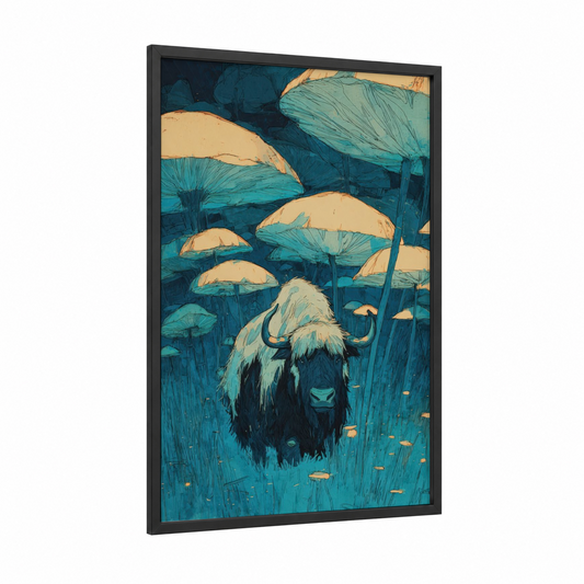 Golden Yak framed art print — black wood frame — teal and gold palette