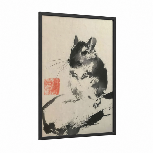 Contemplative Guinea Pig framed art print — black wood frame — black and white and cream palette