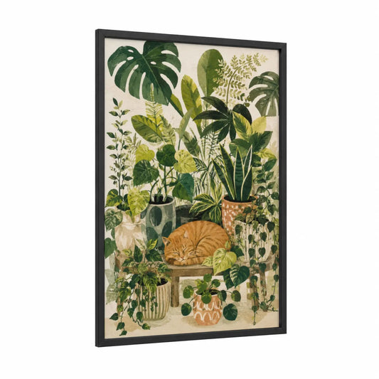 Tropical Plants with Sleeping Cat Wall Art framed art print — black wood frame — true green and beige palette