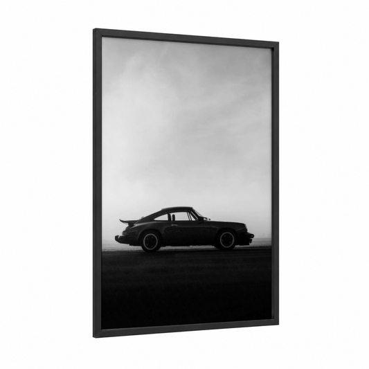 Silhouette Sports Car framed art print — black wood frame — black and white palette