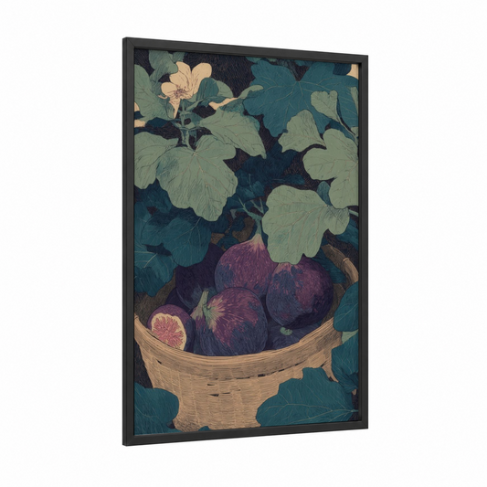 Fig Harvest Basket framed fruit print — black wood frame — teal and sage green palette