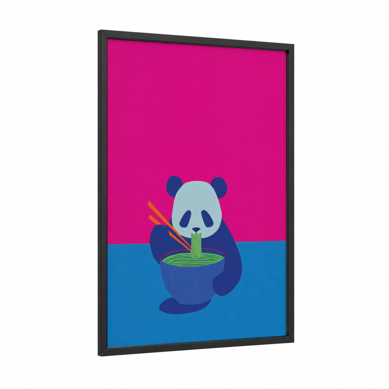 Noodle Panda framed art print — black wood frame — magenta and true green palette
