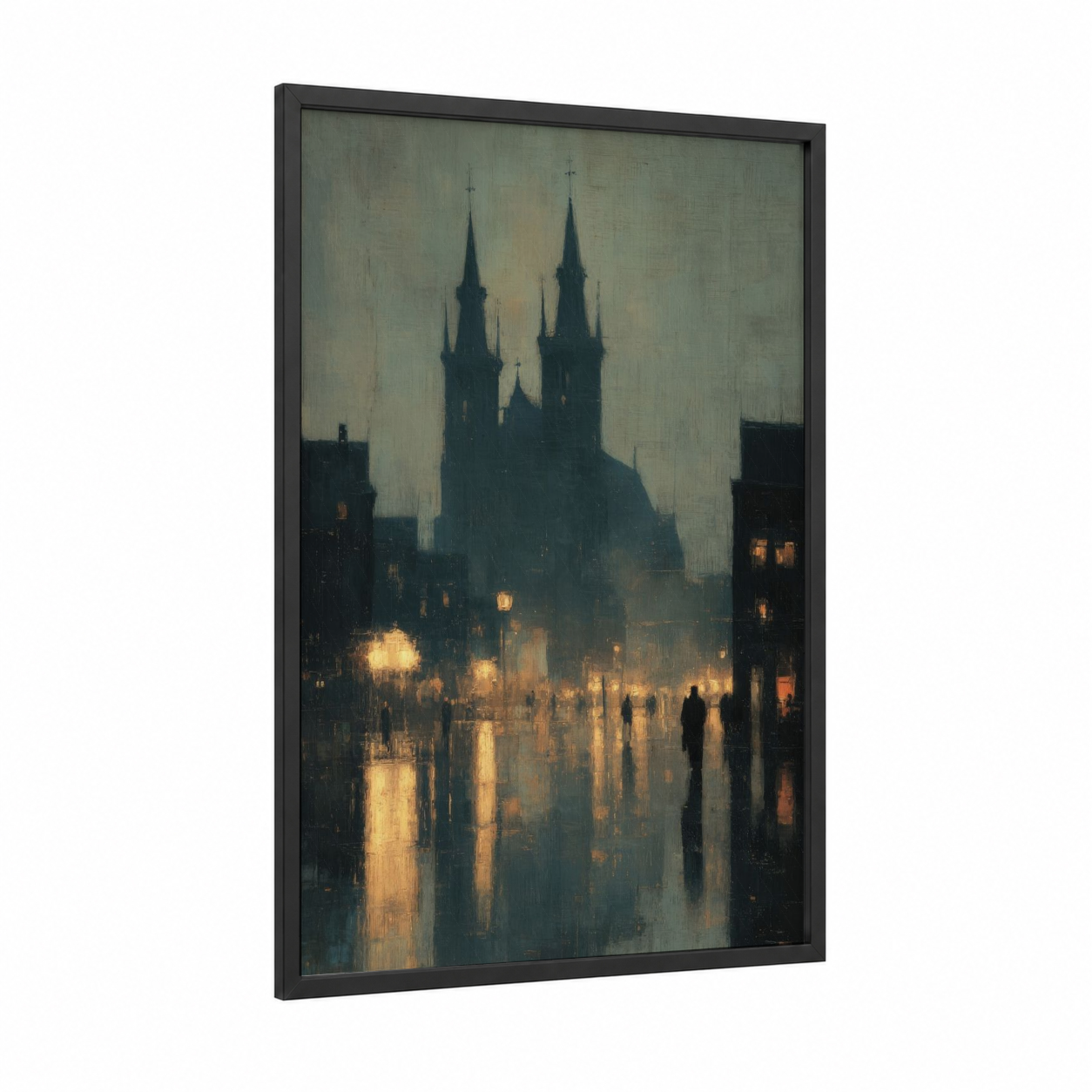 Twilight Cathedral framed art print — black wood frame — gray and gold palette