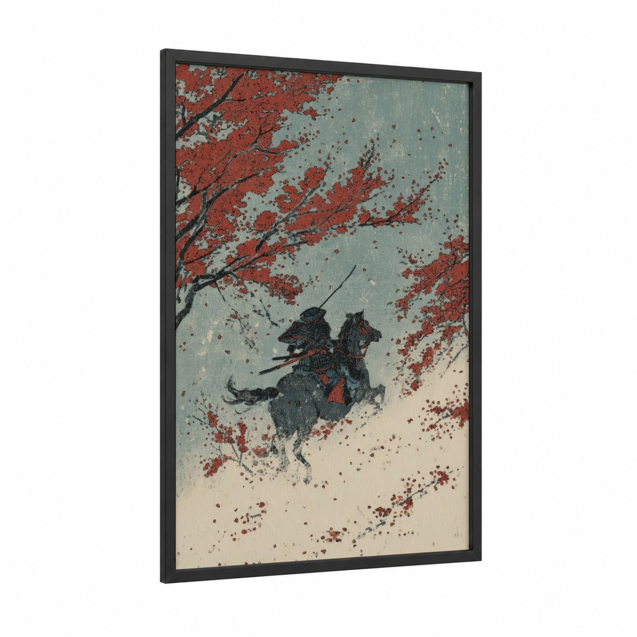 Autumn Samurai framed horseback print — black wood frame — red and sage green palette