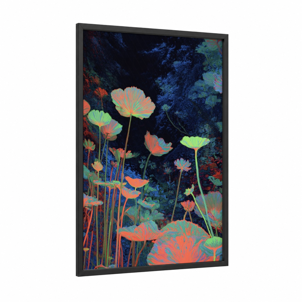 Neon Lotus Garden framed magic and witchcraft print — black wood frame — dark blue and orange palette