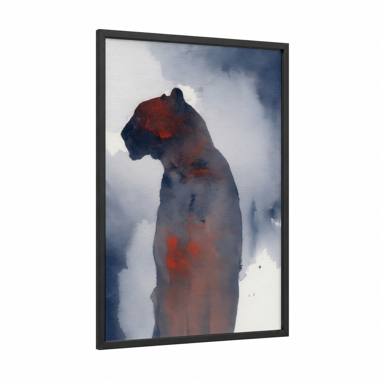 Volcanic Jaguar framed art print — black wood frame — white and red palette