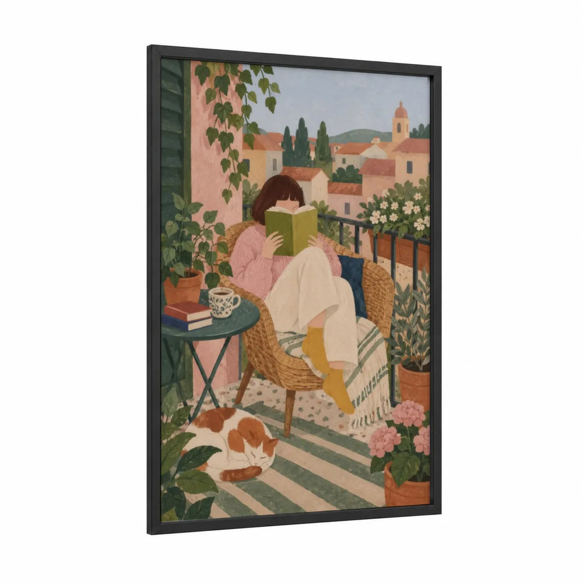Mediterranean Balcony Reading Retreat Wall Art framed art print — black wood frame — peach and cream palette