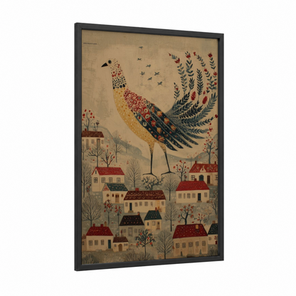 Storybook Phoenix framed art print — black wood frame — cream and russet palette