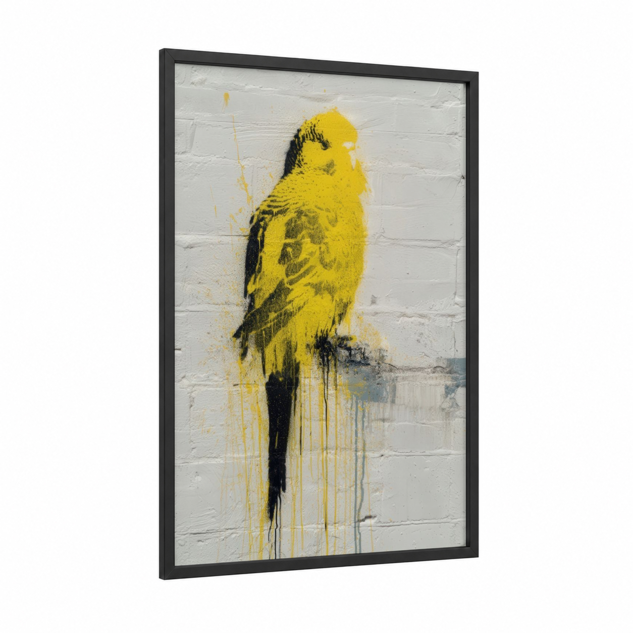 Yellow Budgie Portrait framed budgeridar print — black wood frame — yellow gold and black and white palette