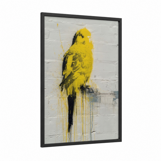 Yellow Budgie Portrait framed budgeridar print — black wood frame — yellow gold and black and white palette