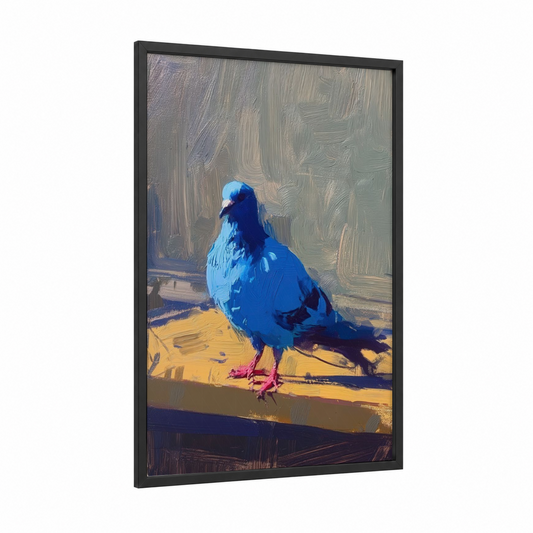 Azure Pigeon framed art print — black wood frame — blue and gold palette
