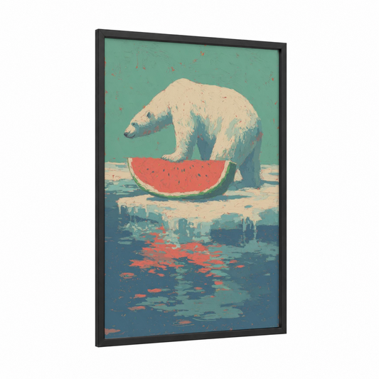 Watermelon Polar Bear framed art print — black wood frame — teal and cream palette