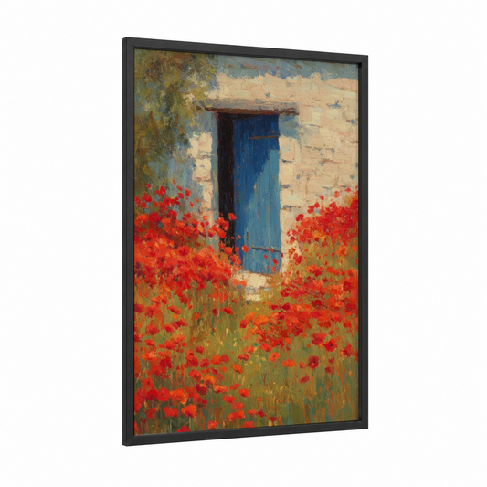 Poppy Garden Door framed art print — black wood frame — red and blue palette