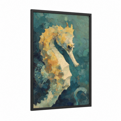 Golden Seahorse framed sea horse print — black wood frame — gold and teal palette