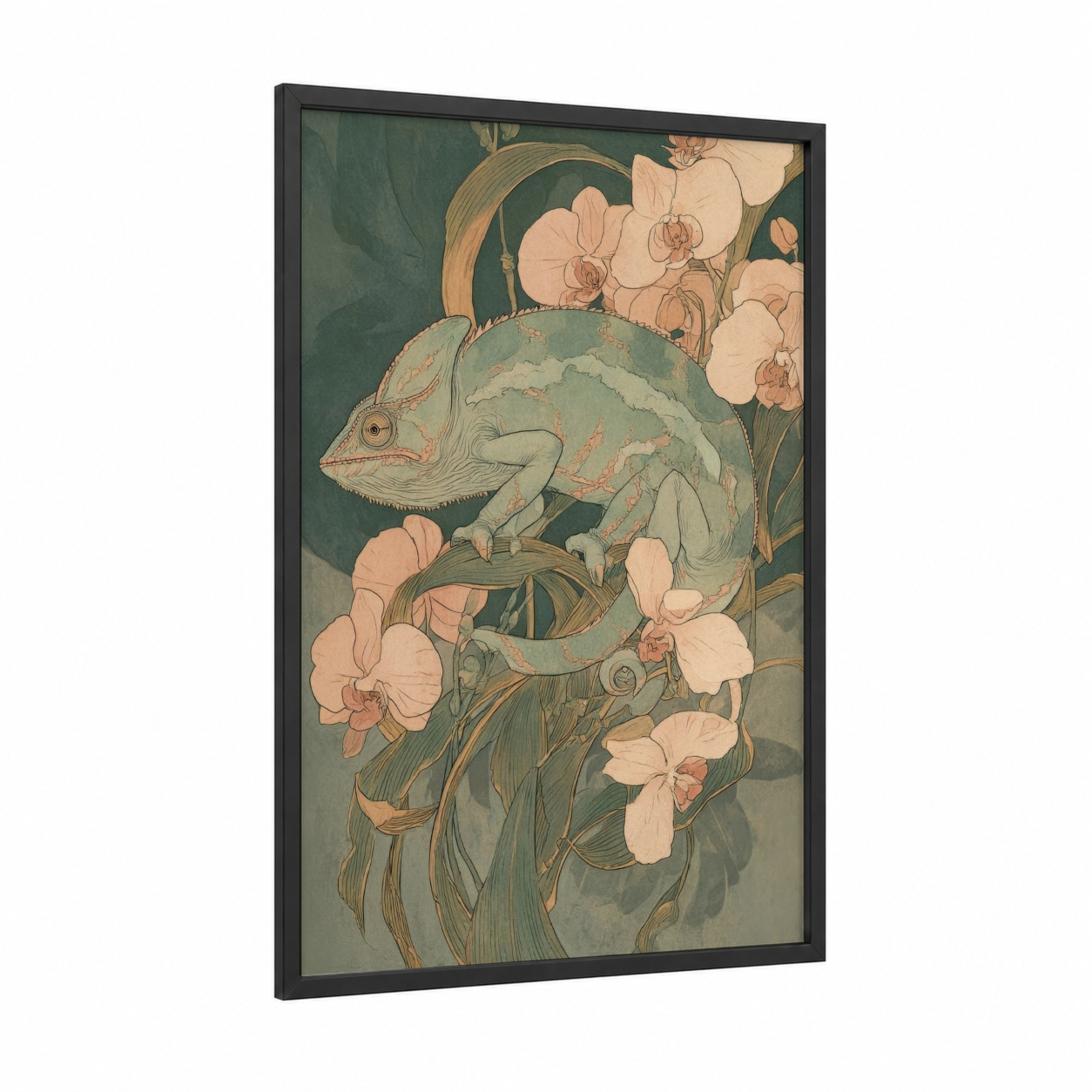 Orchid Chameleon framed art print — black wood frame — sage green and peach palette