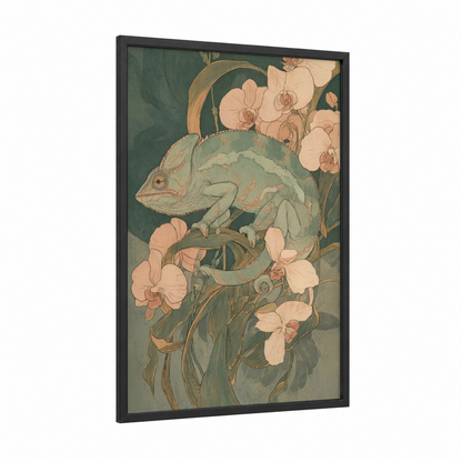 Orchid Chameleon framed art print — black wood frame — sage green and peach palette