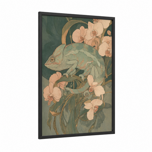 Orchid Chameleon framed art print — black wood frame — sage green and peach palette