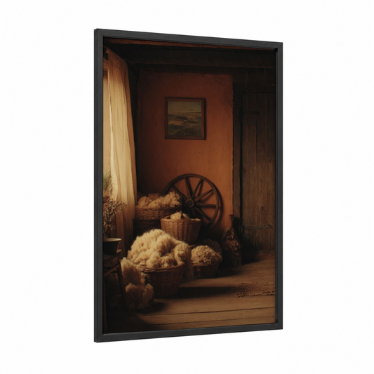 Rustic Yarn Room framed knitting and sewing print — black wood frame — gold and russet palette