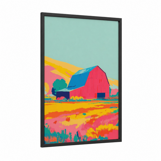 Crimson Barn Landscape framed art print — black wood frame — magenta and yellow gold palette