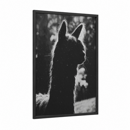 Snowy Alpaca framed art print — black wood frame — black and white palette