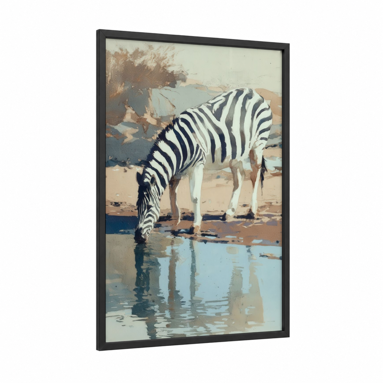 Watering Zebra framed art print — black wood frame — beige and blue palette