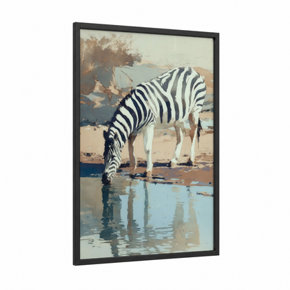 Watering Zebra framed art print — black wood frame — beige and blue palette