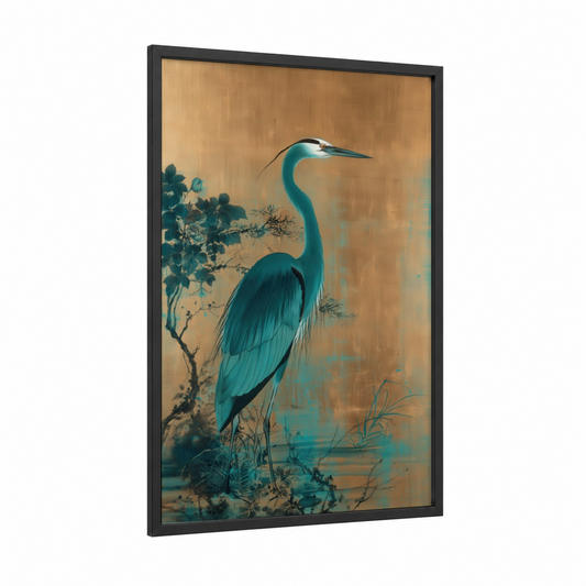 Teal Heron Elegance framed art print — black wood frame — teal and gold palette