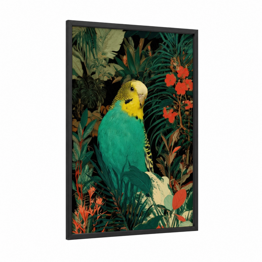 Emerald Budgerigar framed budgeridar print — black wood frame — true green and red palette