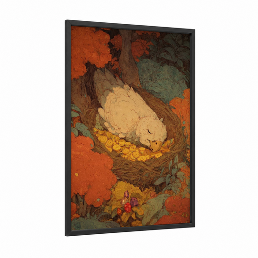 Nesting Griffin framed art print — black wood frame — orange and gold palette