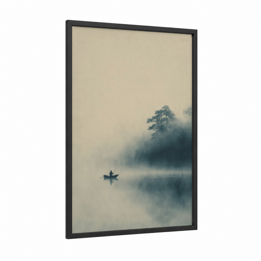 Misty Morning Fishing framed art print — black wood frame — gray and blue and white palette