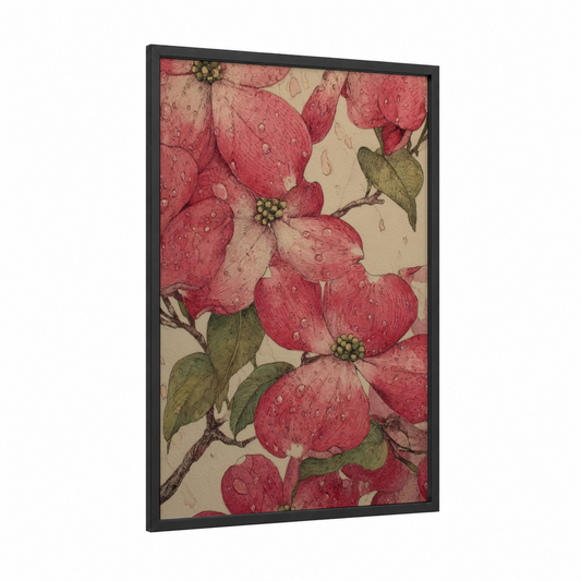 Crimson Dogwood Blossoms framed art print — black wood frame — rose gold and cream palette