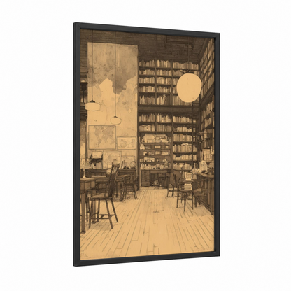 Cozy Library Study framed art print — black wood frame — beige and brown palette