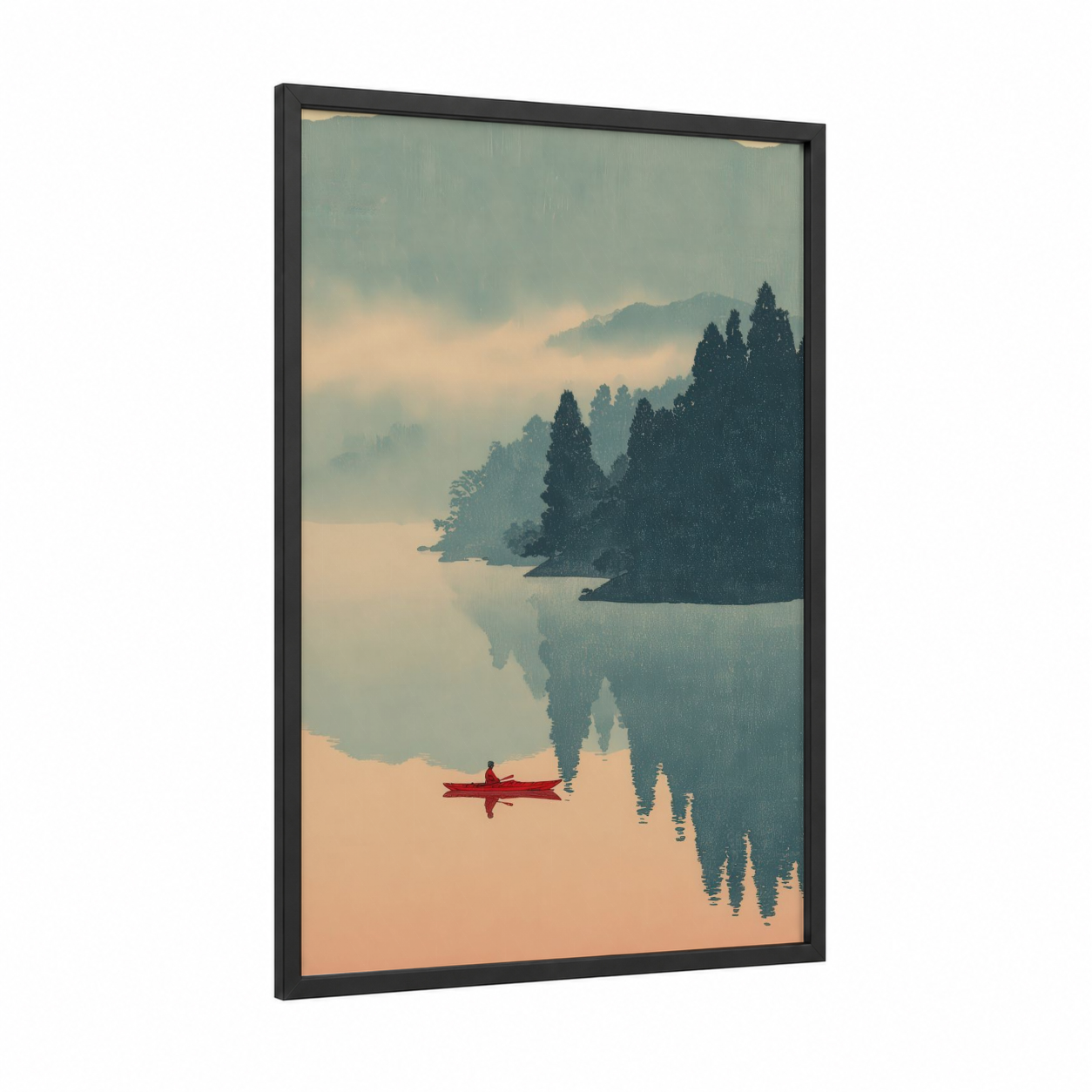 Misty Lake Paddler framed canoeing and kayaking print — black wood frame — sage green and peach palette