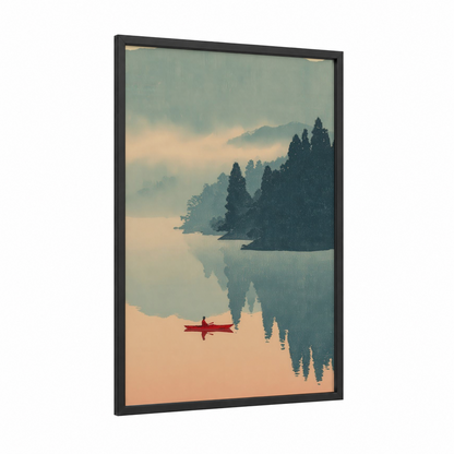 Misty Lake Paddler framed canoeing and kayaking print — black wood frame — sage green and peach palette