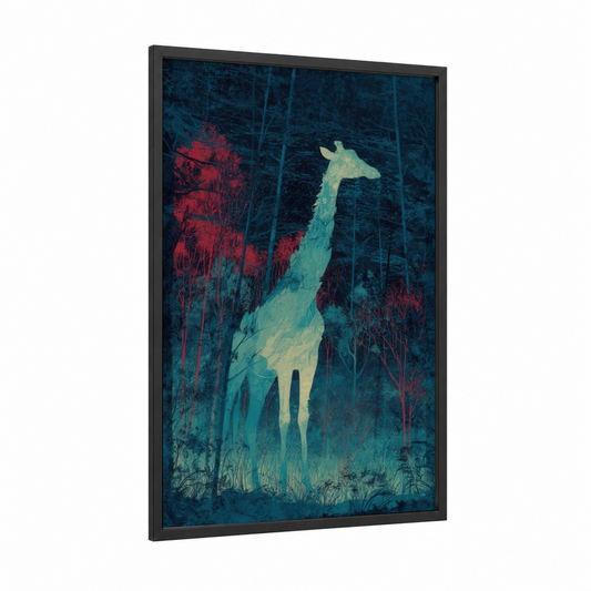 Nocturnal Giraffe framed art print — black wood frame — dark blue and red palette