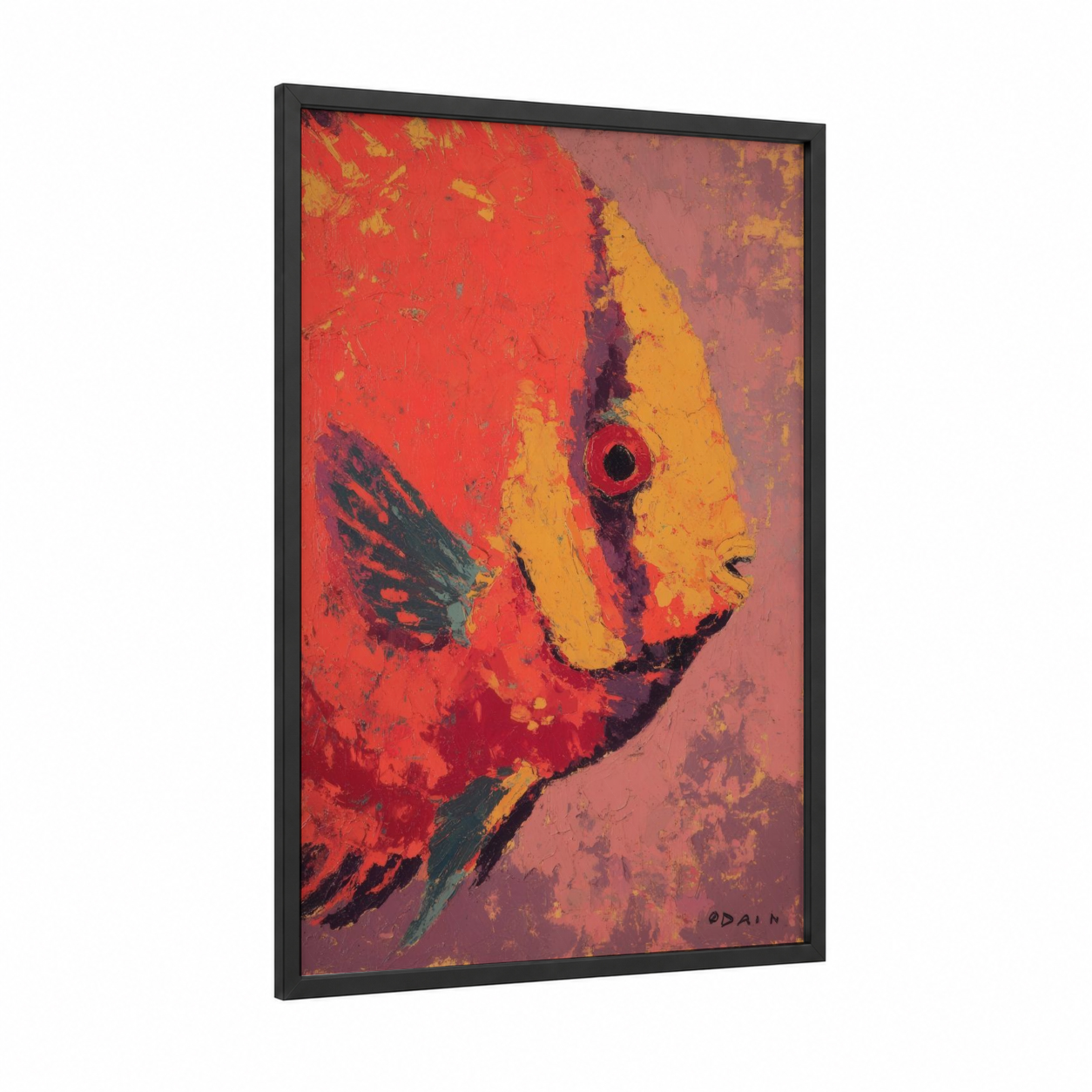 Crimson Discus Fish framed art print — black wood frame — red and gold palette