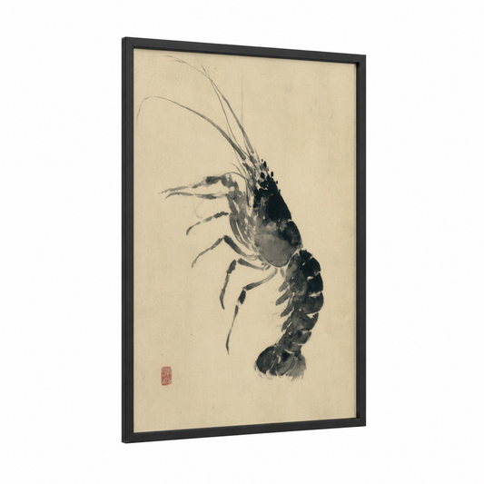 Ink Lobster framed art print — black wood frame — black and white and cream palette