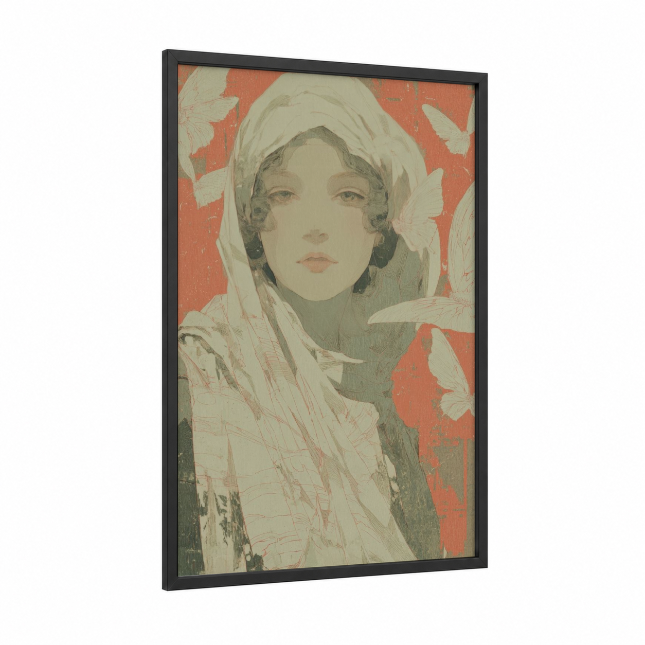 Serene Butterfly Girl framed art for girl print — black wood frame — peach and cream palette