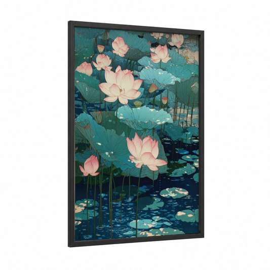 Serene Lotus Pond framed art print — black wood frame — teal and salmon pink palette