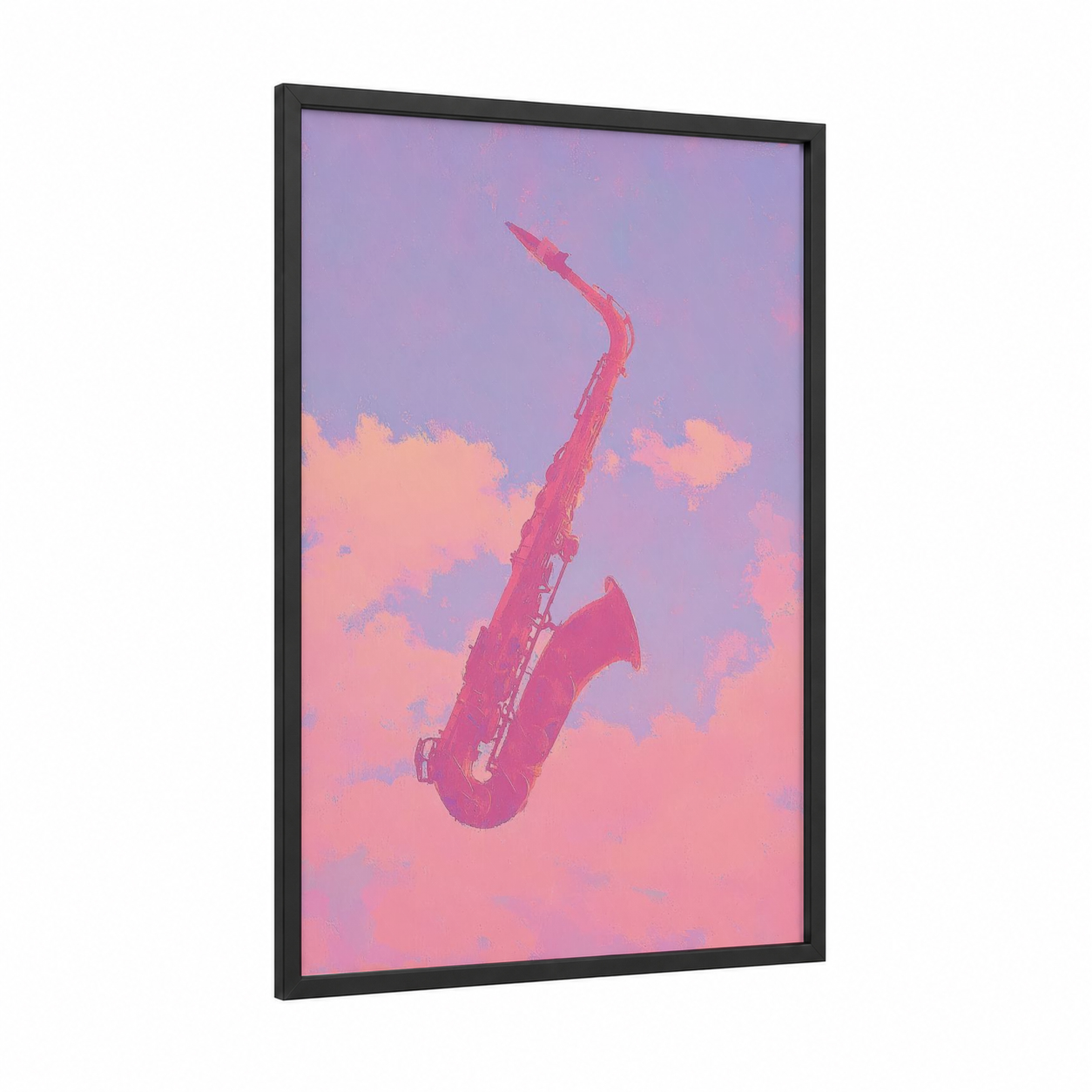 Crimson Sky Saxophone framed art print — black wood frame — magenta and lavender palette