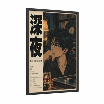 Midnight Jazz Session Wall Art framed musician print — black wood frame — blue and gold palette
