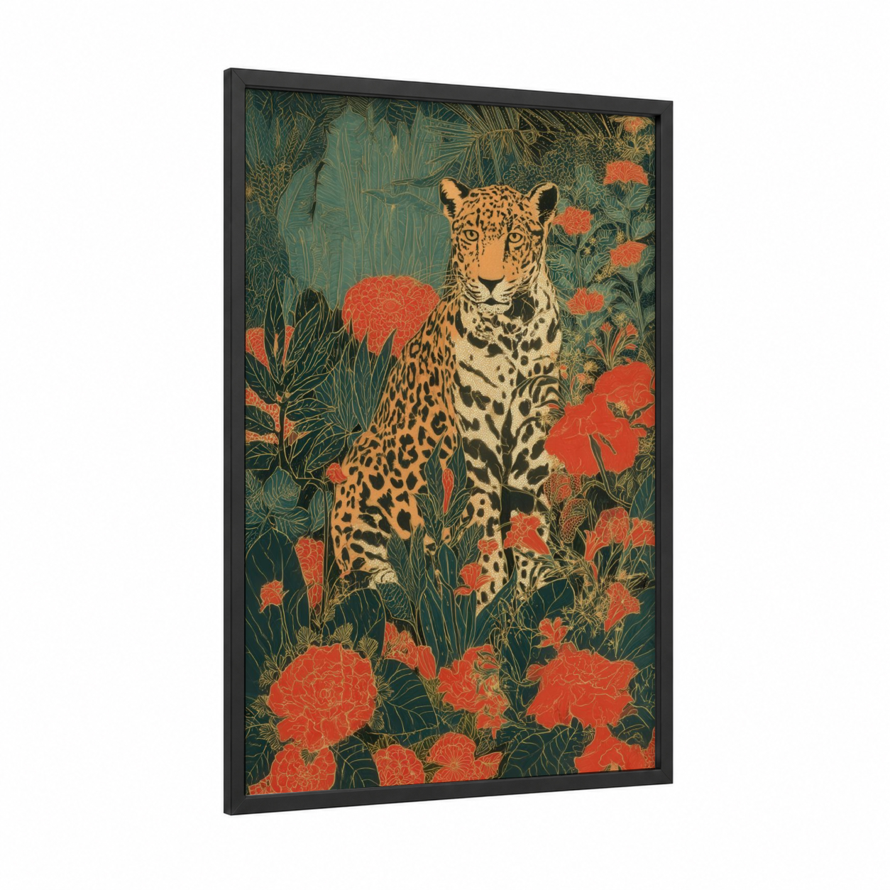 Floral Jaguar framed art print — black wood frame — gold and teal palette