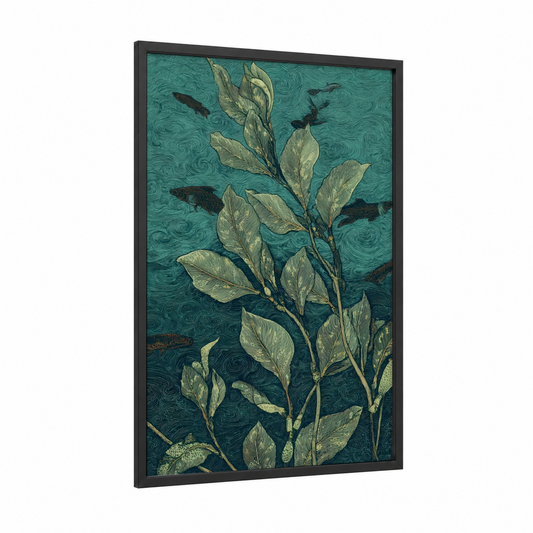 Teal Mangrove framed art print — black wood frame — teal and light green palette