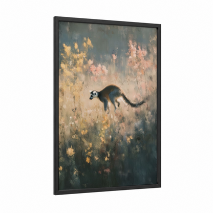 Contemplative Lemur framed art print — black wood frame — gray and peach palette