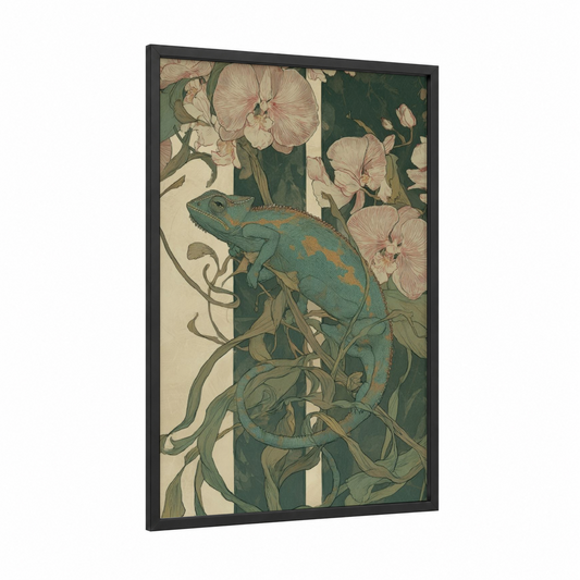 Orchid Chameleon framed art print — black wood frame — teal and sage green palette