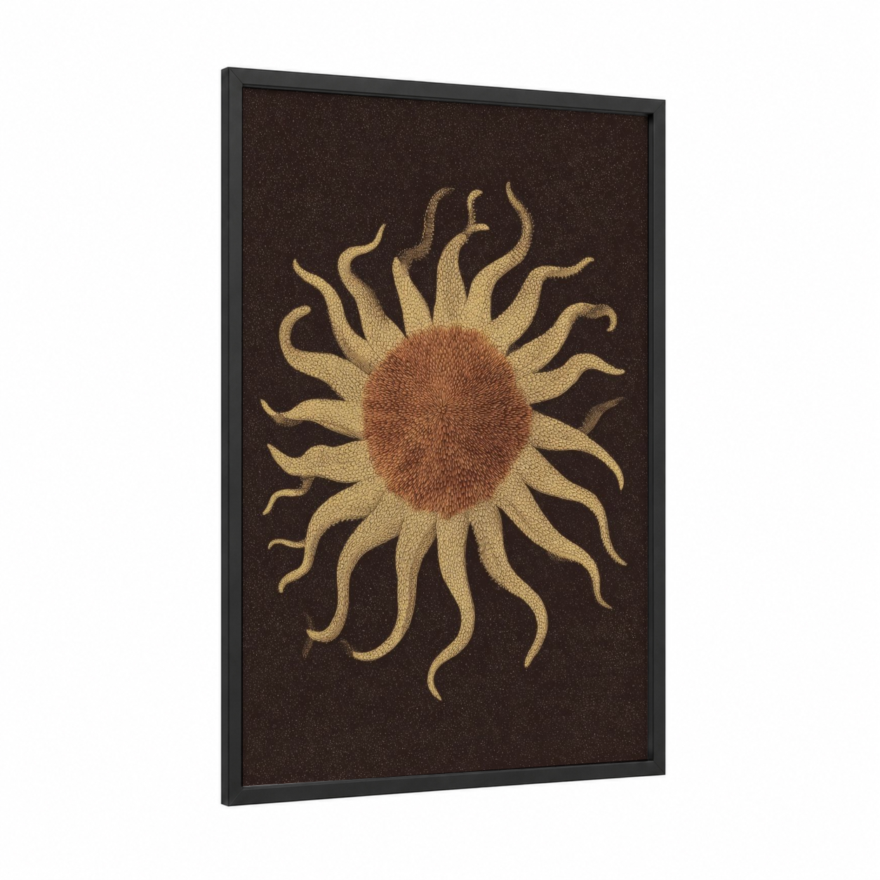Golden Starfish framed art print — black wood frame — gold and espresso palette