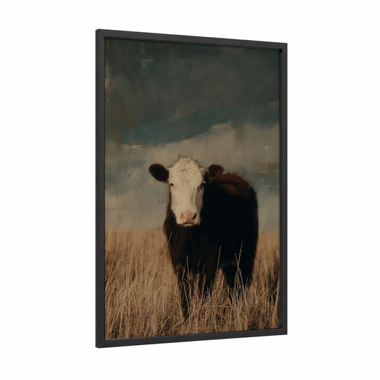 Cream-Faced Cow framed jersey cow print — black wood frame — cream and dove gray palette