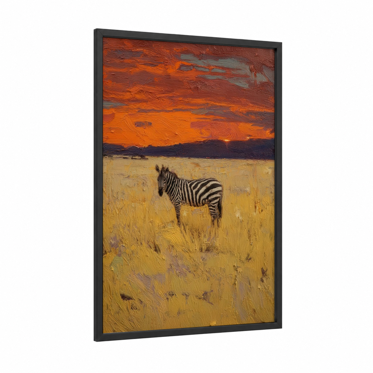 Savanna Zebra Sunset framed art print — black wood frame — orange and gold palette